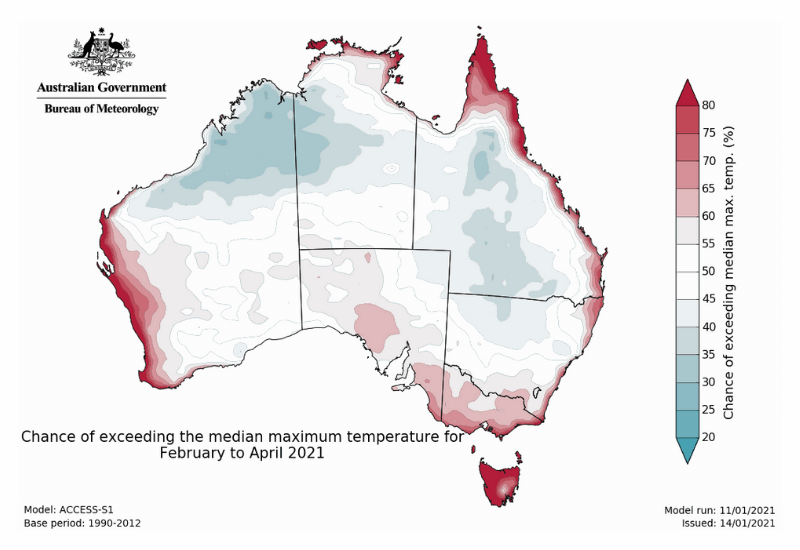 BOM minimum temperature map - chance of exceeding the median minimum temperature for February to April 2021